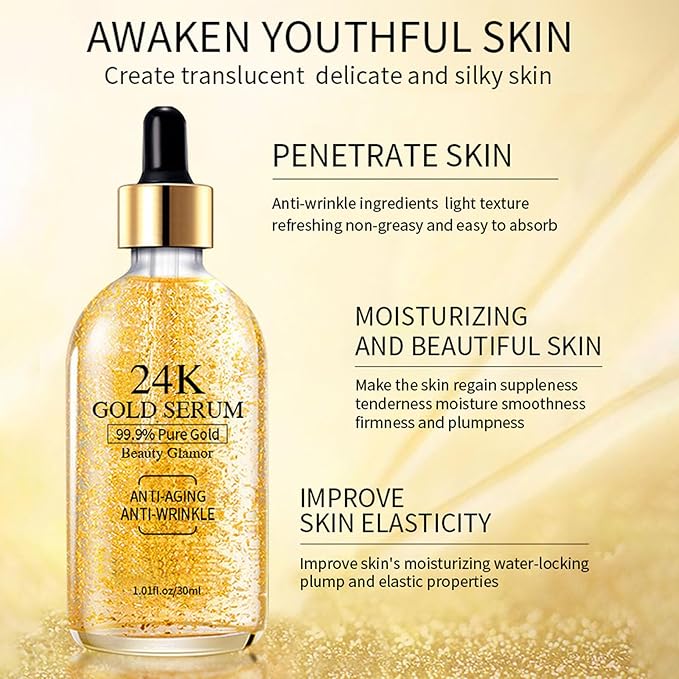 24K Gold Serum for Face, 2Pack Skin Tone Even Anti Aging Moisturizer with Vitamin,Glow Collagen Booster Serum Hyaluronic Acid for Dark Spots & Fine Lines, 2.02fl oz