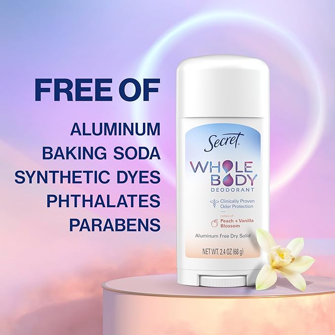 Secret Whole Body Deodorant Stick for Women, Travel Size, Peach & Vanilla Blossom Scent, Aluminum Free Deodorant, 72 HR Odor Protection, 0.5 oz