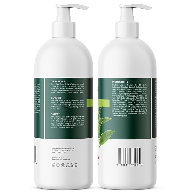 EDENIKA BOTANICALS Tea Tree Body Wash 16 fl oz (2 Pack) Natural Antifungal Support Wash for Athlete’s Foot, Ringworm & Jock Itch, Refreshes & Soothes, Organic Tea Tree Oil, Men & Women