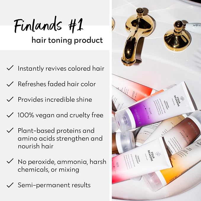 FOUR REASONS Color Mask, Plum (27 Colors) – Hair Gloss & Color Depositing Conditioner – Semi Permanent Purple Hair Toner for Color-Treated Hair Color For Women – Vegan & Cruelty-Free – 6.76 fl oz