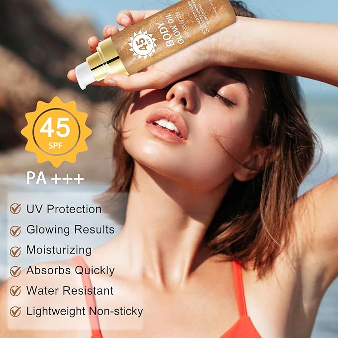 Glitter Sunscreen Oil with Coconut,SPF 45 Broad Spectrum,Body Shimmer Oil with Gold Mica,Lightweight Non-Sticky,Water Resistant,Glowing Results,3.72 fl oz,AMBER