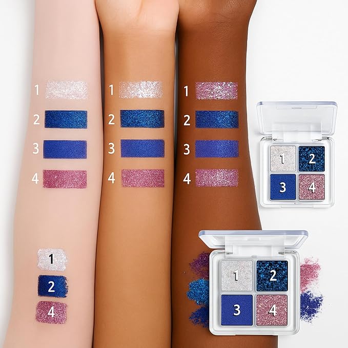 K'APEINE Glitter Shimmer Eyeshadow Makeup Palette, 4Colors Sparkle Eye Shadow Palettes Highly Pigmented Makeup Kit Long Lasting Waterproof Blendable Eyeshadow Palette