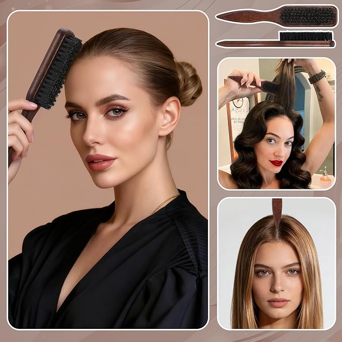6 Pcs Boar Bristle Slick Back Hair Brush with Edge Brush Rat Tail Comb and Wide Tooth Comb, Hair Styling Comb for Men Women