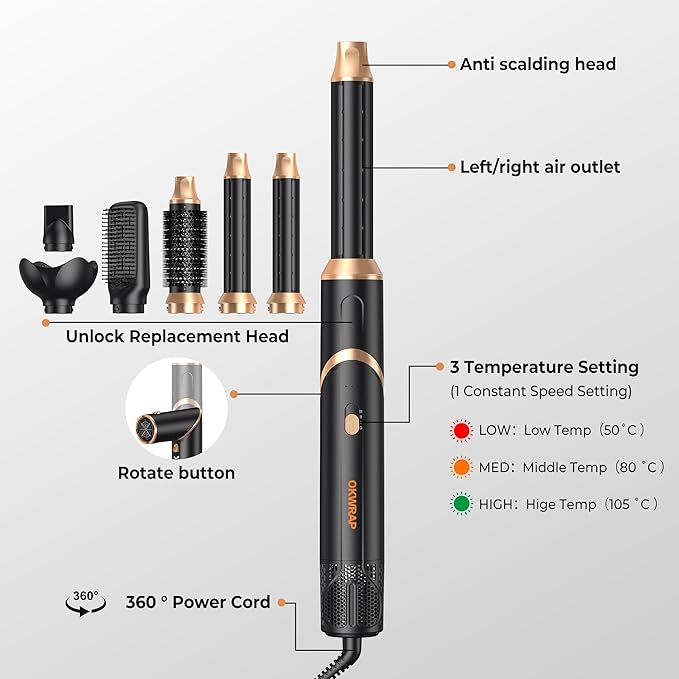 6 in 1 Air Styler & Hair Dryer Brush Set，Foldable Professional Negative Ionic Hair Styling Tools with Diffuser,Detachable Blow Dryer Brush with Auto Wrap Curlers,Hot Air Brush for All Hair Types.