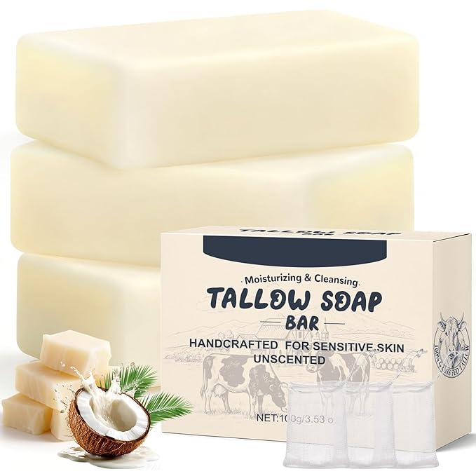 Beef Tallow Soap Bar, Natural Grass Fed Tallow Soap for Face Body Hand, Deep Cleansing, Moisturizing Facial Cleanser Body Wash, Organic Bath Soap Great for Dry, Itchy, Sensitive Skin - 3 Pack