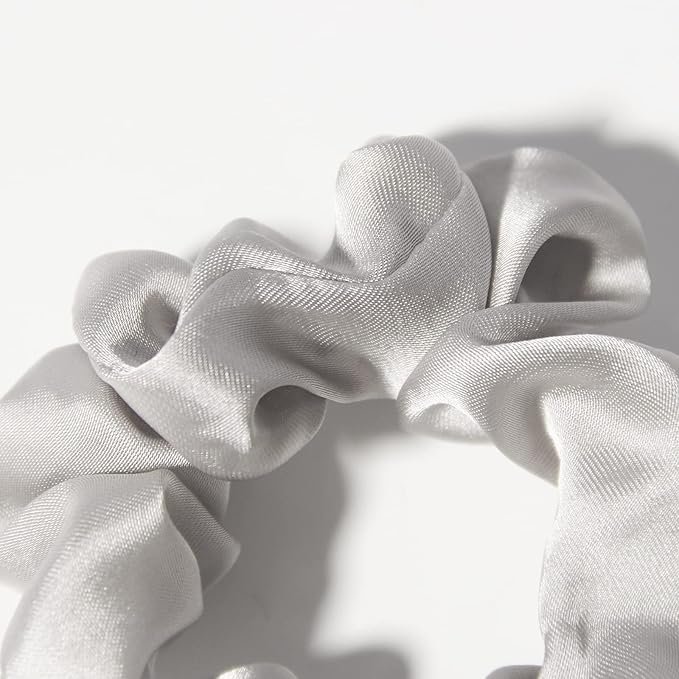 LFOUVRE Pack of 2 Knotted Bow Hair Scrunchies, 3 inch Diameter, 11.5 inch Hair Ribbon, Silky Satin Hair Scarf Hair Ties Bands, Hair Accessories for Women and Girls(Gray)