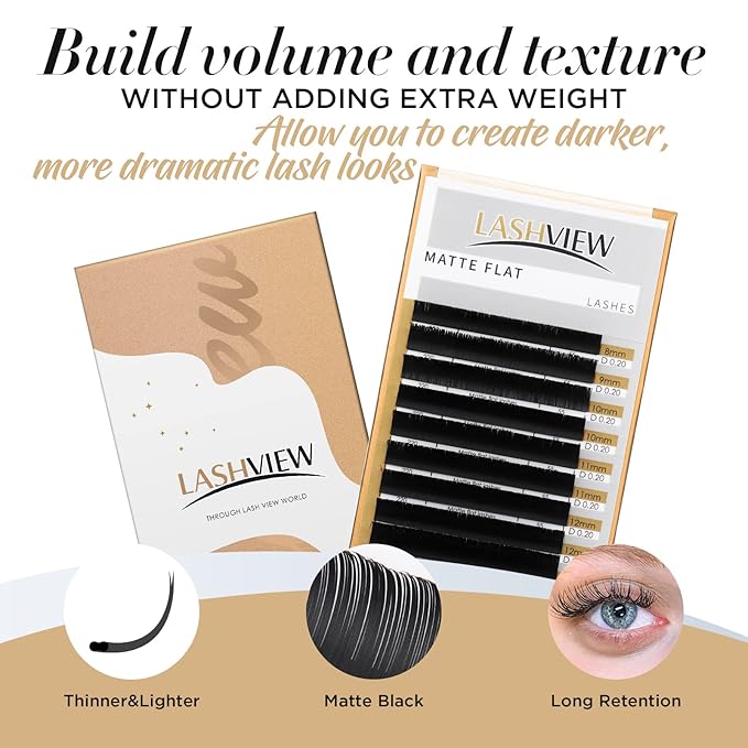 LASHVIEW Eyelash Extensions,Ellipse Flat Eyelash Extensions 0.15mm C Curl 12mm, Black,Individual Lashes,Super Matte Extremely Soft Professional Salon Use