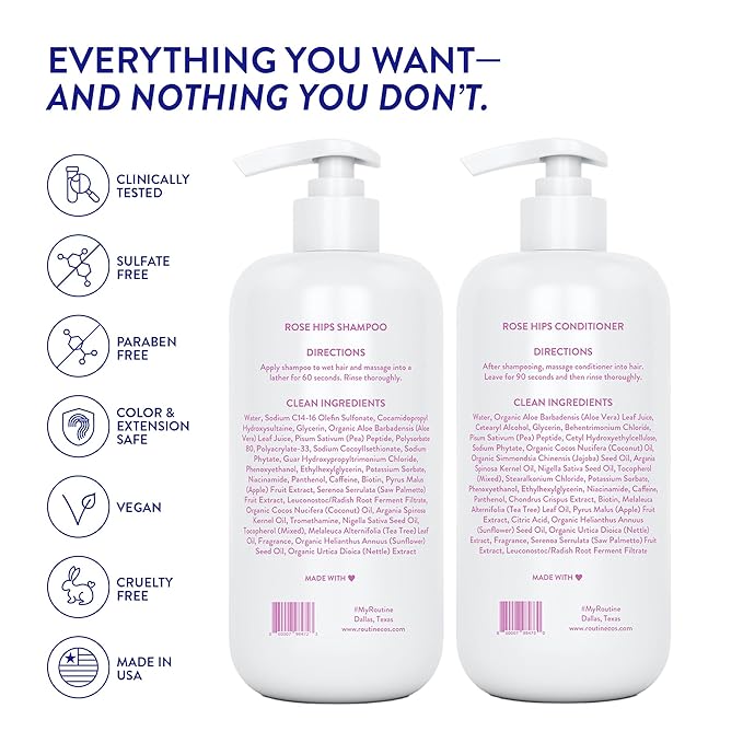 Routine Wellness Anti-Thinning Shampoo and Conditioner Set for Thinning Hair - Biotin DHT Blocker Women & Men - Color Safe Shampoo for Hair Loss & Healthier Hair - Rose Hips Set