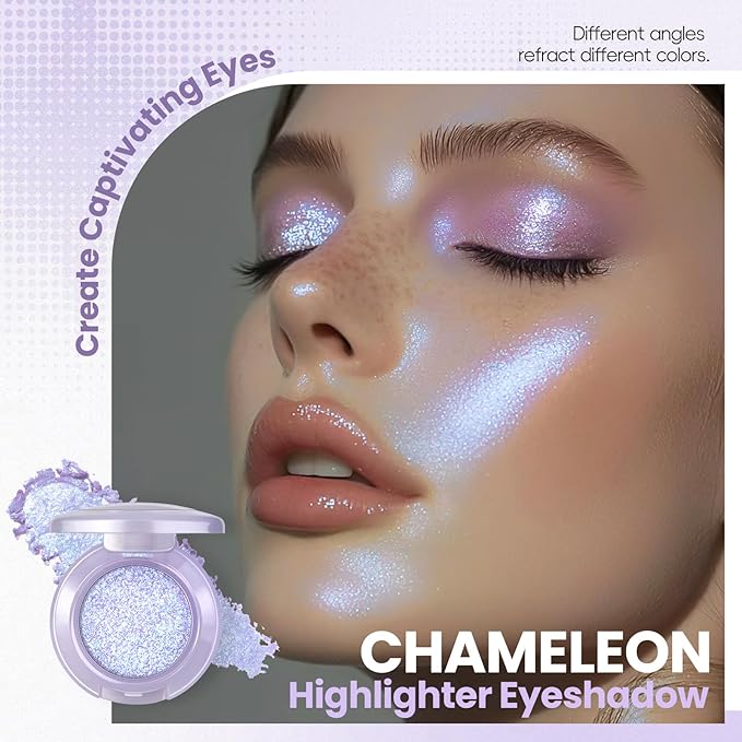 HOSAILY Holographic Blue Purple Glitter Eyeshadow, Multichrome Shimmer Color Shifting Single Eyeshadow, Chameleon Metallic Iridescent Eye Shadow Palette Bouncy Texture Fairy Highlighter Makeup #3