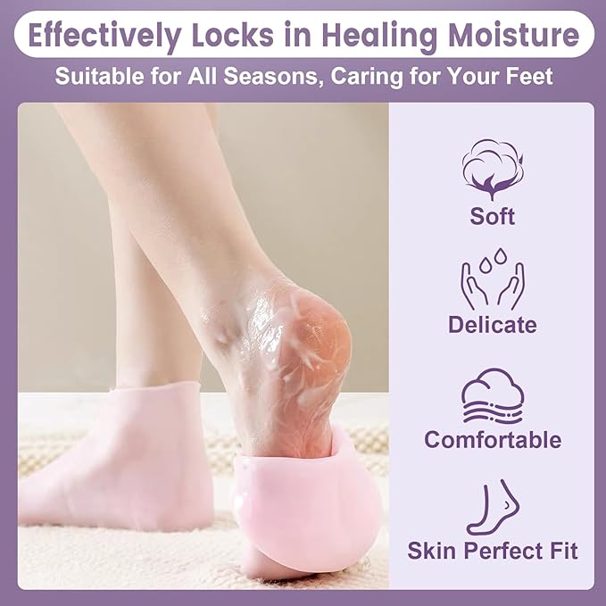 TEAWOO 2 Pairs Silicone Socks for Dry Cracked Feet, Women's Foot Socks for Moisturizing (Pink & Beige, Fits Up to Size 9)