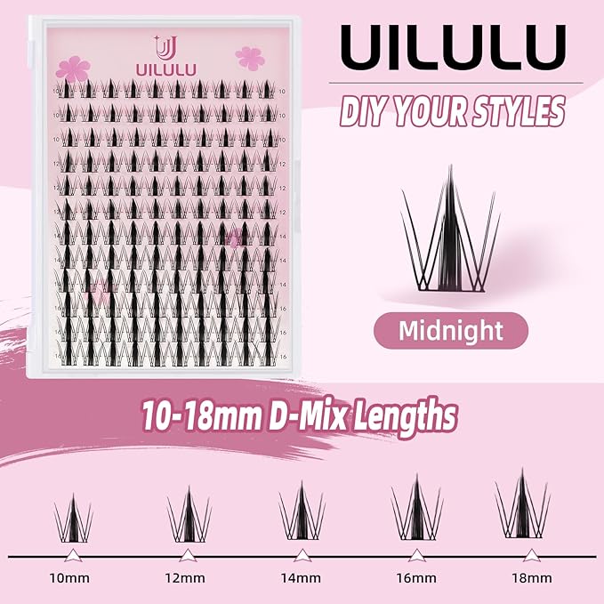 Uilulu Lash Clusters kit 10-16mm DIY Lash Extension Kit 120 D Curl Manga Lash Clusters 0.07D Wispy Individual Lashes Clusters False Eyelashes Eye Lash Kits At Home Lash Extensions Kit
