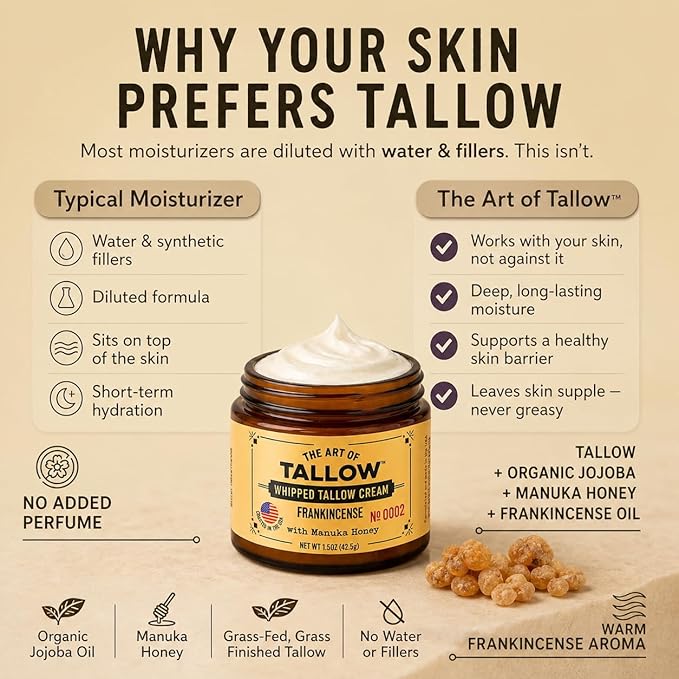 Tallow Face Moisturizer – Frankincense Beef Tallow for Skin, Whipped Tallow Cream with Manuka Honey & Organic Jojoba Oil, Face Cream, Grass Fed & Finished, Made in USA, 1.5 oz