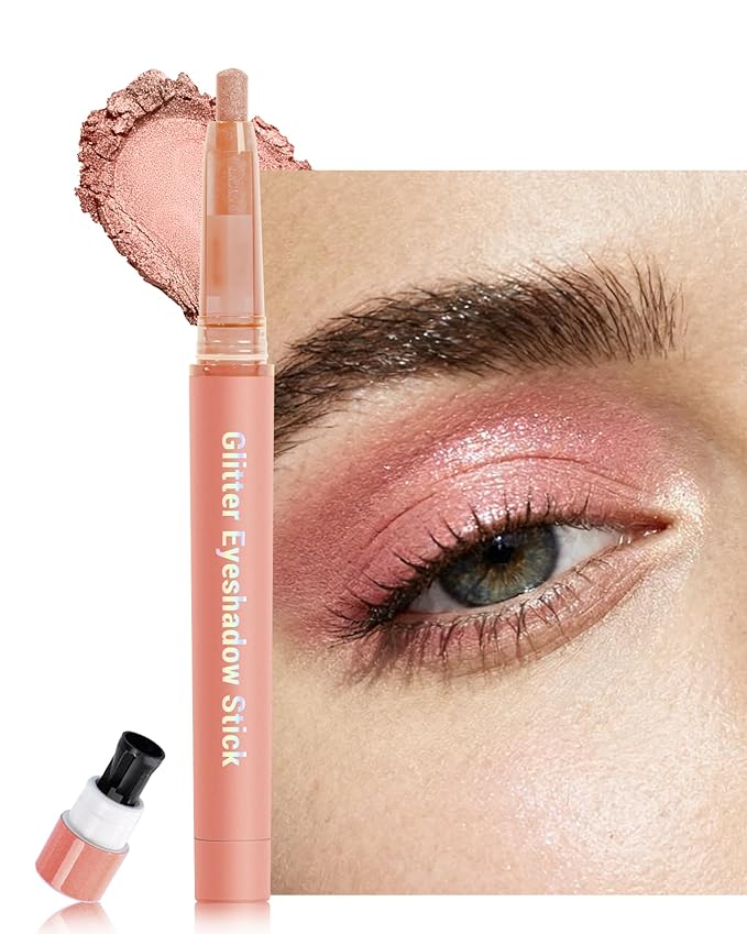 Glitter Eyeshadow & Eyeliner Stick 2 in 1, Metallic Shimmer Pink Eyeshadow Stick, Twist-Up Built in a Sharpener Eyeliner Pen, Waterproof Creamy Eye liner Makeup for Women Halloween-04 Nude Pink