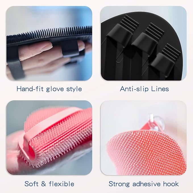 Manmihealth Silicone Back Scrubber & Soft Shower Brush, Silicone Scalp Massager, Toe Cleaning Brush Set 8 PCS, Body Foot Scrubber & Shampoo Brush Combination, with 4 Free Hooks (Style 1 Black)
