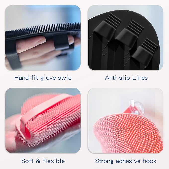 Manmihealth Silicone Back Scrubber & Soft Shower Brush, Silicone Scalp Massager, Toe Cleaning Brush Set 8 PCS, Body Foot Scrubber & Shampoo Brush Combination, with 4 Free Hooks (Style 1 Gray)