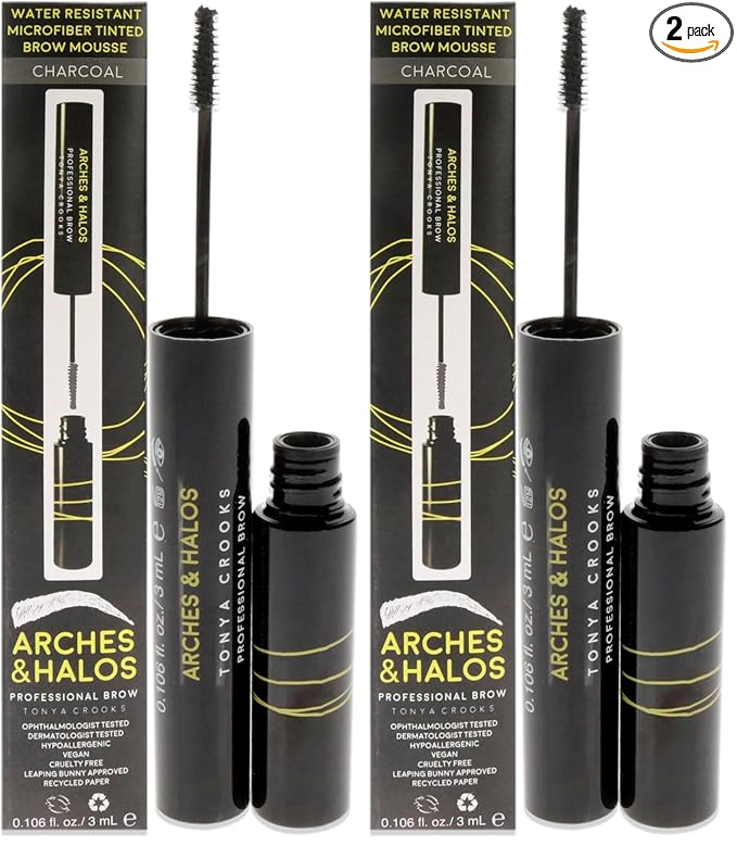 Arches & Halos Microfiber Tinted Brow Mousse - Highly Pigmented Brow Color - For Full and Bold Brows - Vegan and Cruelty Free Makeup - Charcoal, 0.106 fl oz (Pack of 2)