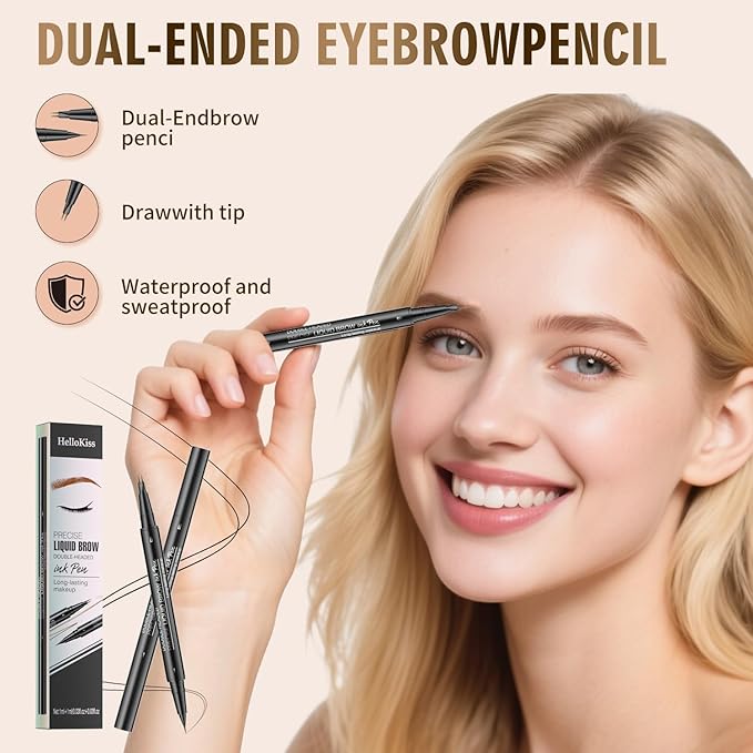 Eyebrow Pencil, Eyebrow Pen with Double-Brush Tip 2-in-1 Eyeliner Dual-Ended Microblading Long Lasting Waterproof Hair-Like Brow Pencil with Eyebrow Brush (Dark brown)