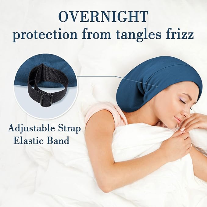 LULUSILK Mulberry Silk Bonnet for Sleeping Women, Real Silk Sleep Cap for Curly Hair and Braids, Pure Head Wrap with Scrunchies, Bijou Blue