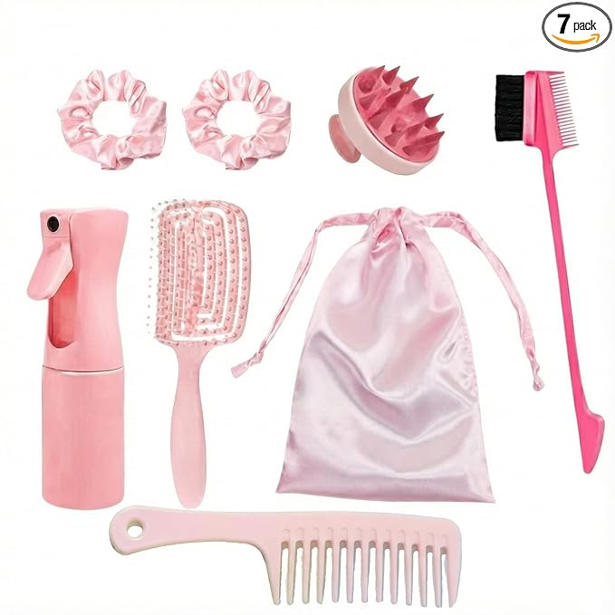 7pcs Hair Essentials Set: Spray Bottle, Detangling Brush, Scalp Massager, Brow & Lash Grooming Tool, Styling Comb, and Fabric Hair Tie - For All Ages and Relaxation at Home