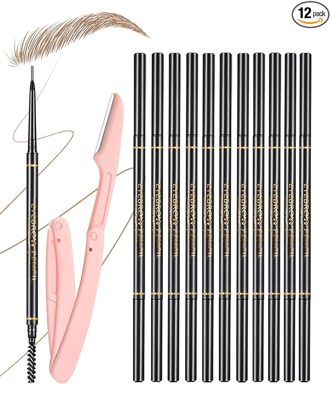 Light Brown Eyebrow Pencils for Women, 12Pcs Ultra Slim Eyebrow Pencil with 2 Brow Razors Kit, Double Head 1.5mm Micro-Fine Tip & Spiral Brush, Can Draw Fine and Long-Lasting Brows Makeup