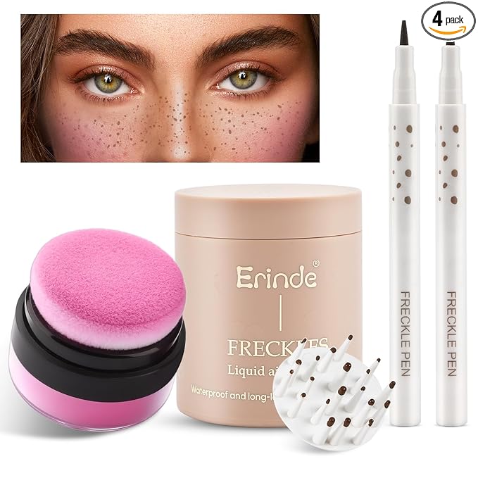 Erinde Natural Freckle Foundation Makeup Kit - Liquid Freckle Pen & Fake Freckles Stamp Air Cushion & Powder Cushion Blush, Long Lasting Waterproof Freckles Tattoo Marker for Natural Sunkissed Makeup