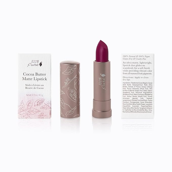 100% PURE Cocoa Butter Matte Lipstick Full Stay All Day Coverage, Lasting Moisturizing & Softening Natural Lip Color for All Skin Tones, Vegan Fruit Pigmented Hyacinthus (Deep Berry Purple) - 0.15 oz