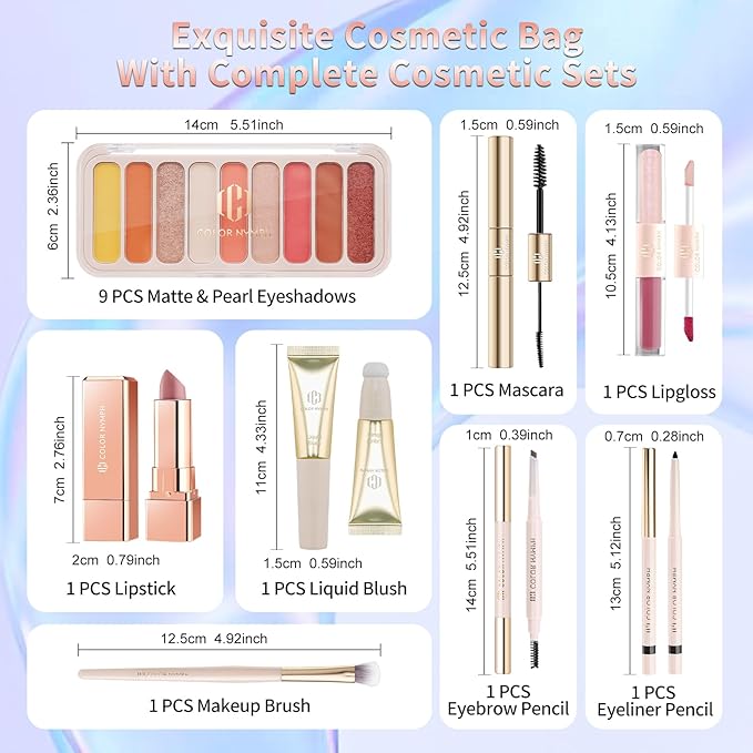 Color Nymph Makeup Kit For Girls, Women Make Up All In One Makeup Set For Starter With Sequin Bag, 9 Colors Eyeshadow Palette, Lip Gloss, Eyeliner, Mascara - Orange Pink, Party Wedding Evening Bag