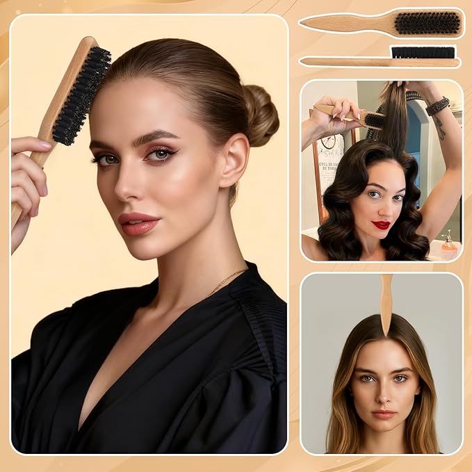6PCS Boar Bristle Slick Back Hair Brush with Edge Brush Rat Tail Comb, Wide Tooth Comb for Men Women