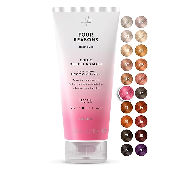 FOUR REASONS Color Mask, Rose Pink (27 Colors) – Hair Gloss & Color Depositing Conditioner – Semi Permanent Hair Toner for Color-Treated Hair Color For Women – Vegan & Cruelty-Free – 6.76 fl oz