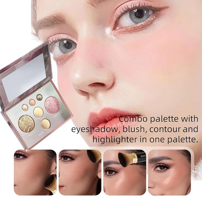 K'APEINE All in One Baked Makeup Palette, Dark Brown Eyeshadow, Blush Highlighter & Bronzer Face Kit Neutral Baked Powder Palette Hign Pigment Full Face Makeup Set Women (7colors)