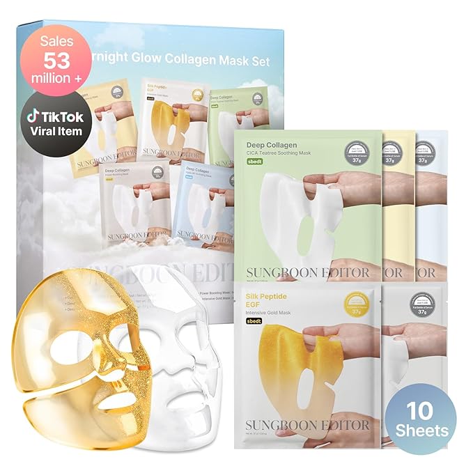 SUNGBOON EDITOR Deep Collagen Overnight Glow Mask Set, Korean Sheet Mask Trial Set with 10 Masks in 5 Types, Deep Collagen & Gold Overnight Mask for Hydration, Soothing, Glow and Firm-Looking Skin