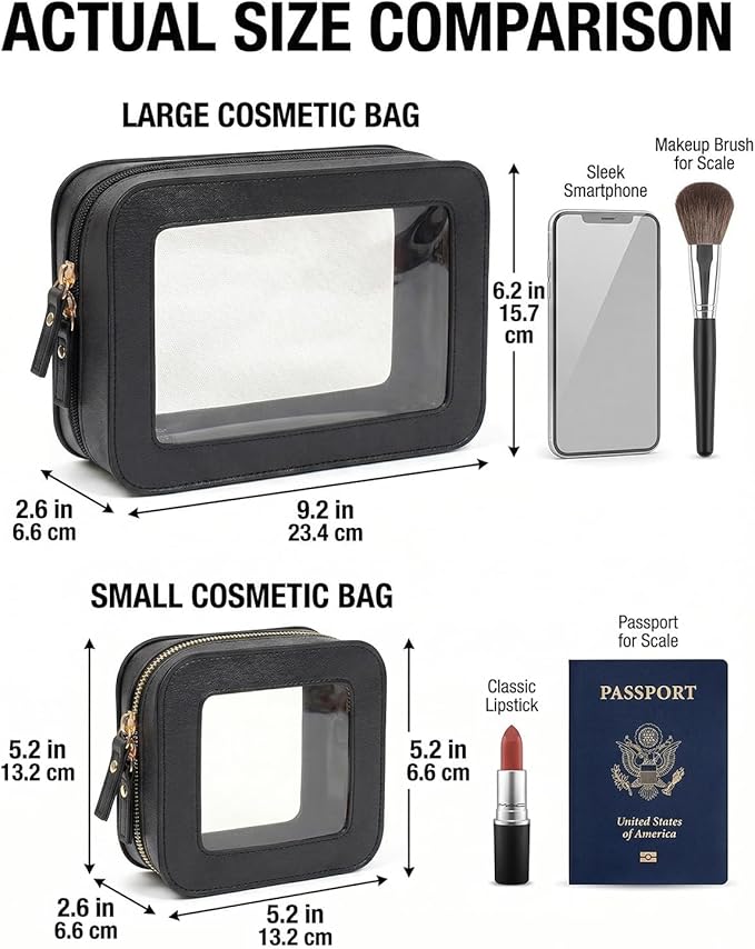 LETGO Clear Makeup Bags Set of 2, Waterproof PU Leather Portable Makeup Bag Holder with Transparent Window, Travel Lipstick Case Pouch Car Accessories for Women Men (2Pack-Standard & Square, Black)