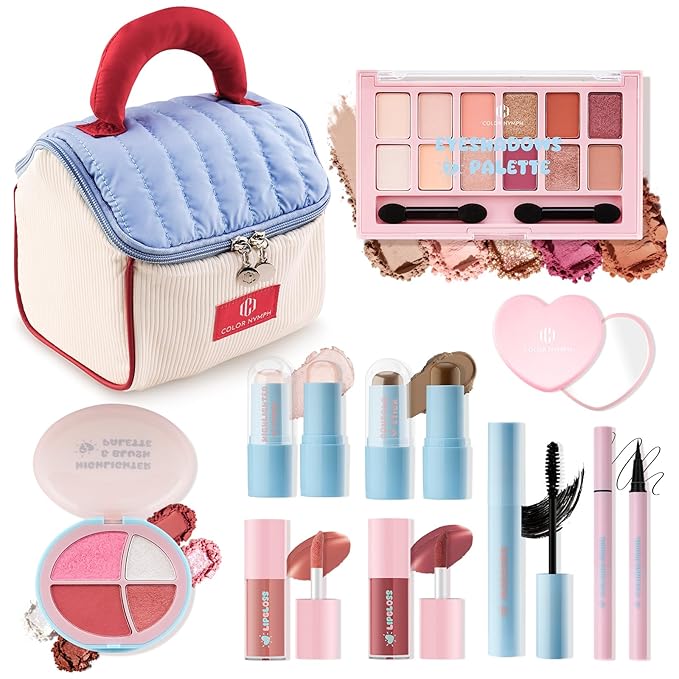 Color Nymph All In One Makeup Kit For Teens Girls Beginner with Cute Makeup Bag, Makeup Set for Teen Girls Includes Eyeshadow, Face Blush Contour Highlighter Lipgloss Mascara Mirror, Travel MakeUp Kit