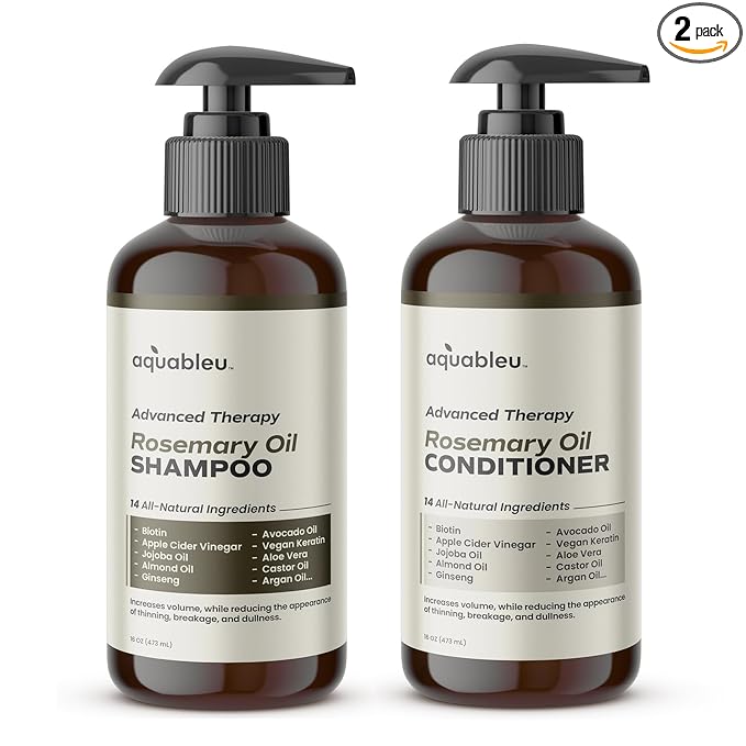 Aquableu Advanced Therapy Anti-Thinning Rosemary Oil Shampoo & Conditioner Set - Infused with 14 All-Natural Ingredients for Volume, Strength, Thickness, and Dullness Reduction (16oz)