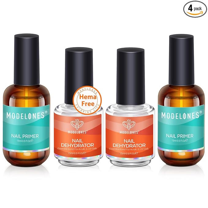 modelones 4 Pcs Nail Dehydrator and Primer, 15 ml Acid Free Natural Prep Dehydrate & Bond Primer Hema-Free Bonding for Nail Supplies