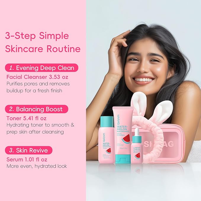 QUIYUM Watermelon & Niacinamide Skin Care Set, Beauty Facial Skincare Products, Routine Skincare for Teens, Nourishing, Hydration, Glow Up, Trendy Stuff for Girls with 3PCS, Birthday Mother's Day Gift