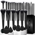 32Pcs Makeup Brushes Set Professional Makeup Kit – Foundation Powder Concealers Blush Eye shadows 25 Pcs Brushes with 4 Makeup Sponge & 3 Powder Puff (Black)