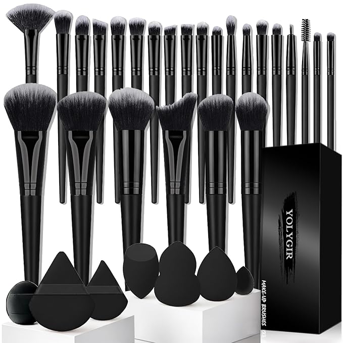 32Pcs Makeup Brushes Set Professional Makeup Kit – Foundation Powder Concealers Blush Eye shadows 25 Pcs Brushes with 4 Makeup Sponge & 3 Powder Puff (Black)