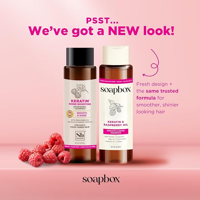Soapbox Keratin & Raspberry Seed Oil Shampoo & Conditioner Set, Leaves Hair Shiny, Smooth & Glossy - Clean Ingredients Free of Harsh Chemicals, Sulfates, Parabens & Silicones - 16 oz Each