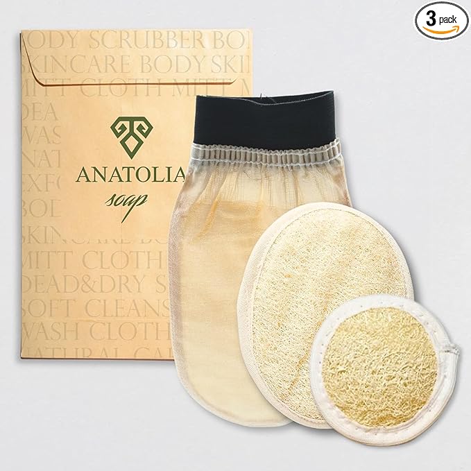 Turkish Hammam Cream Exfoliating Kesse & Body Loofah & Face Loofah, for Shower Exfoliating Mitt Body Scrubber Skin Exfoliator & Dead Skin Remover for Women & Men 3 Count (Pack of 1)