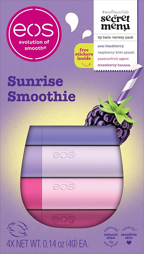 eos Flavor Lab Secret Menu Lip Balm Gift Set - Sunrise Smoothie, Limited-Edition, Moisturizing Care for Dry Lips, Variety Pack, 0.14 oz, 4-Pack