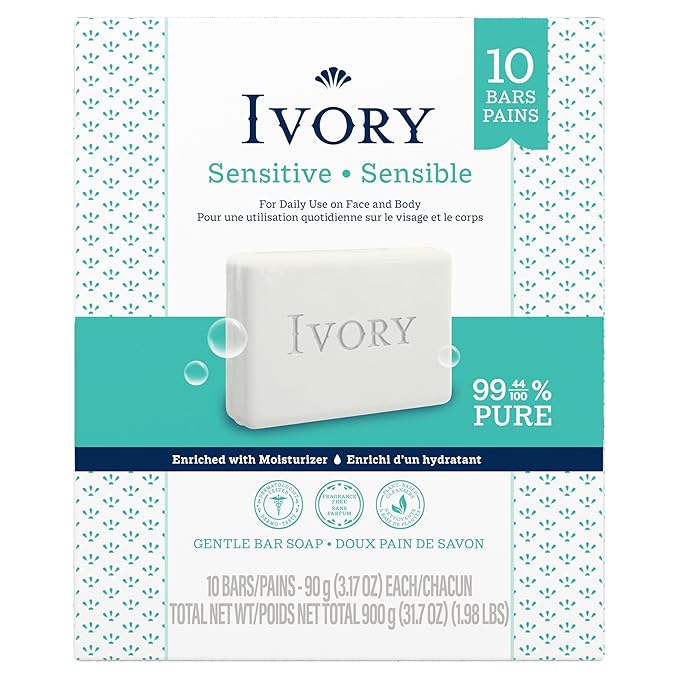 Ivory Sensitive Bar Soap, Designed for Whole Family, Fragrance Free, 99.44% Pure Formula, Plant-Based Cleanser, Made Without Heavy Perfume, Parabens, Phthalates, For All Skin Types, 3.17 oz (10 Count)