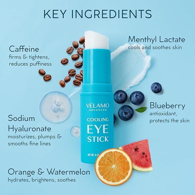 VELAMO ADVANCED Cooling Eye Stick: De-Puffing & Hydrating Under Eye Balm for Dark Circles, Puffiness & Eye Bags - With Caffeine & Hyaluronic Acid, Portable & Perfect for On-the-go Use, 0.35 OZ/10g