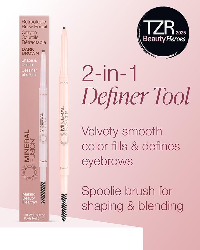 Mineral Fusion Retractable Brow Pencil (Dark Brown) - TZR 2025 Beauty Heroes Award Winner - Shape & Define Eyebrow with Blending Spoolie Brush - Velvety Smooth, Long-Lasting Color - Vegan Formula