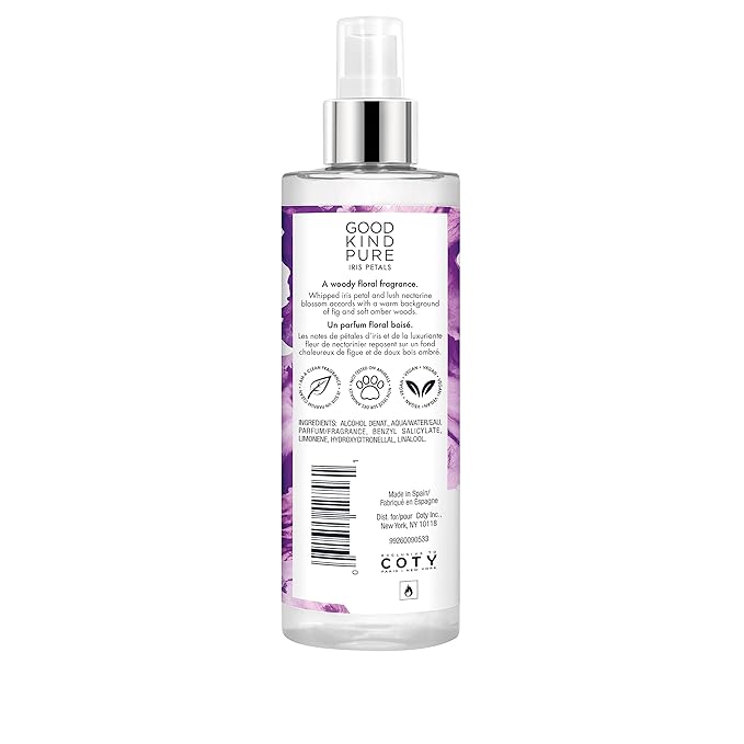 Good Kind Pure Iris Petals Body Mist Spray - Woody, Floral Fragrance - A blend of Nectarine Blossom & Soft Amber Woods - Clean, Vegan, & Long-Lasting Formula - 8.4 Fl Oz