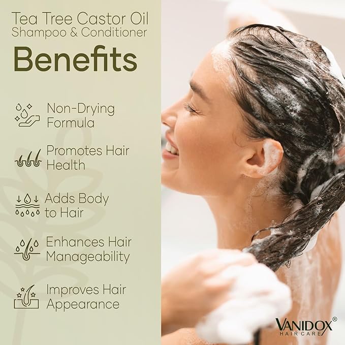 Tea Tree Oil Shampoo and Conditioner Set with Castor Oil, DHT Blockers, Itchy Scalp Relief, Supports Fuller Hair, Cleanses Dandruff & Buildup, For Men & Women, Made in USA, 16 fl oz Each