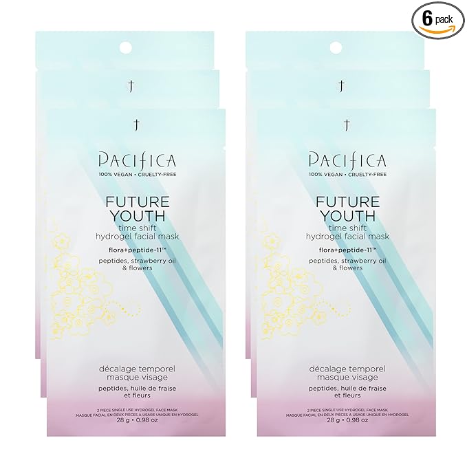 Pacifica Future Youth Time Shift Hydrogel Facial Mask - 6-PACK - Multi-Peptide Anti-Aging Sheet Mask for Firming & Plumping, Ultra-Hydrating Serum-Infused Mask for Face & Neck, 100% Vegan