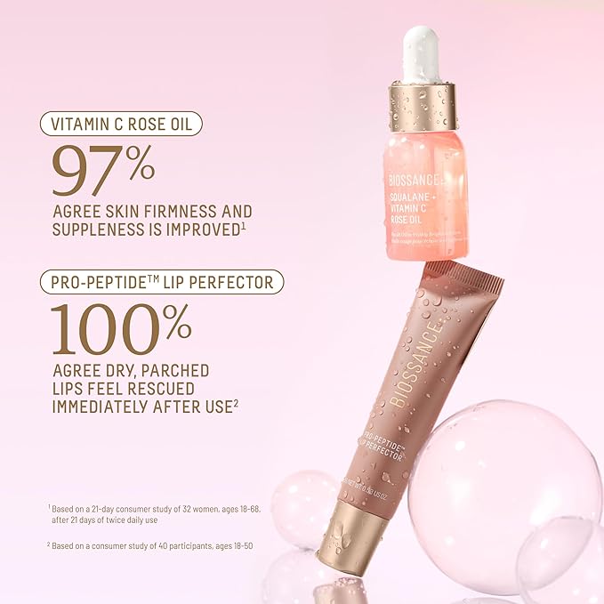 Biossance Bright Luminaries Holiday Gift Set – Vitamin C Rose Oil & Lip Perfector Travel Duo for Brighter, Hydrated Skin and Lips ($47 Value), 1 Set