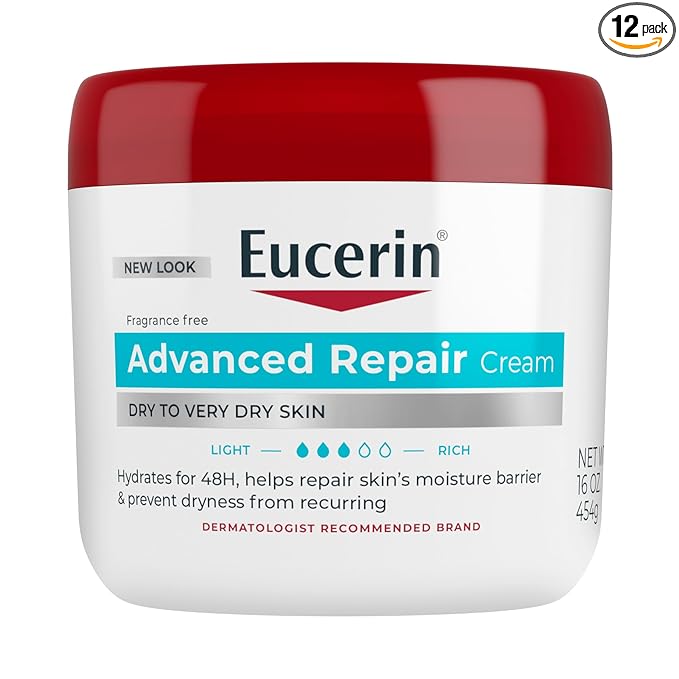 Eucerin Advanced Repair Body Cream for Very Dry Skin, Fragrance Free Daily Body Moisturizer, 16 Oz Jar (Pack of 12)