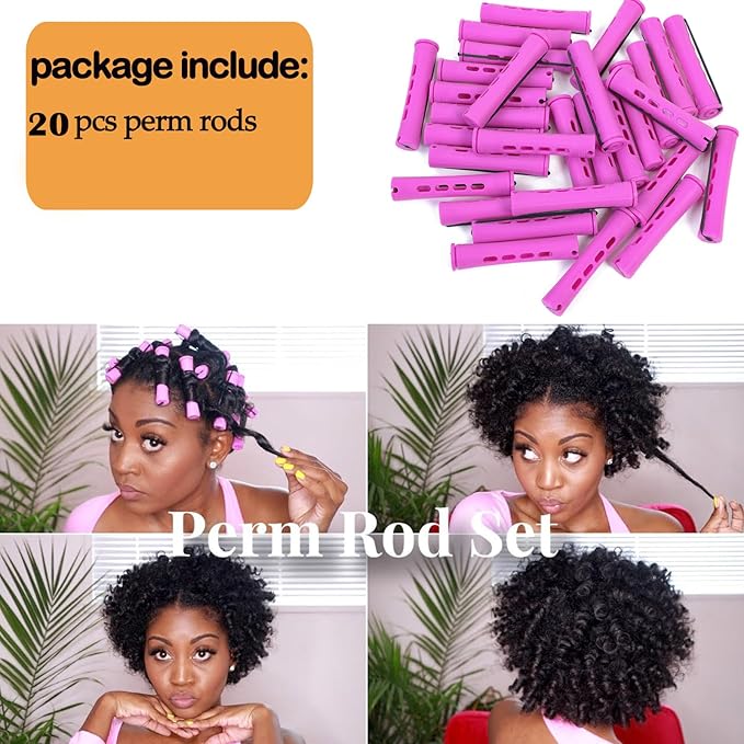 20pcs Purple Plastic Perm Rods Set for Natural Hair Cold Wave Rods Hair Curlers Rollers for Long Short Women's Hair DIY Hairdressing Tools
